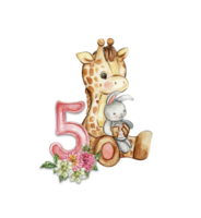 Watercolor hand drawn small baby giraffe with dahlia flowers and numbers composition. png