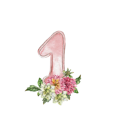 Watercolor hand drawn numbers and flowers composition. png