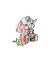 waterverf hand- getrokken klein baby olifant met dahlia bloemen en getallen samenstelling. png