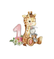 Watercolor hand drawn small baby giraffe with dahlia flowers and numbers composition. png