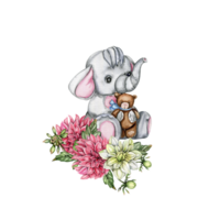 Watercolor hand drawn cute small baby elephant with dahlia flowers composition. png