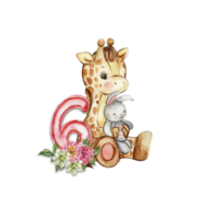 waterverf hand- getrokken klein baby giraffe met dahlia bloemen en getallen samenstelling. png