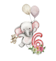 Watercolor hand drawn small baby elephant with dahlia flowers and numbers composition. png