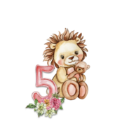 Watercolor hand drawn small baby lion with dahlia flowers and numbers composition. png