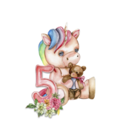 Watercolor hand drawn cute small baby unicorn with dahlia flowers with number composition. png