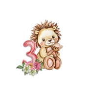 Watercolor hand drawn small baby lion with dahlia flowers and numbers composition. png