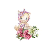 Watercolor hand drawn cute small baby unicorn with dahlia flowers composition. png
