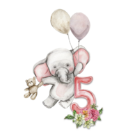 Watercolor hand drawn small baby elephant with dahlia flowers and numbers composition. png