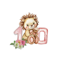 Watercolor hand drawn small baby lion with dahlia flowers and numbers composition. png