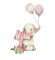 Watercolor hand drawn small baby elephant with dahlia flowers and numbers composition. png