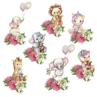 Watercolor hand drawn small baby lion. elephant, giraffe, unicorn with dahlia flowers composition. png