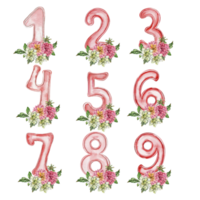 Watercolor hand drawn numbers and flowers composition. png