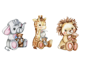 Watercolor cute small baby giraffe, lion and elephant. png