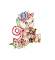 aquarelle main tiré mignonne petit bébé Licorne avec dahlia fleurs avec nombre composition. png