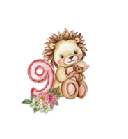 Watercolor hand drawn small baby lion with dahlia flowers and numbers composition. png