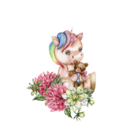 acuarela mano dibujado linda pequeño bebé unicornio con dalia flores con número composición. png