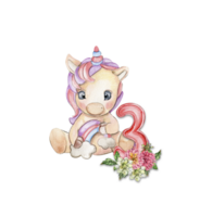 Watercolor hand drawn cute small baby unicorn with dahlia flowers with number composition. png