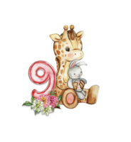 Watercolor hand drawn small baby giraffe with dahlia flowers and numbers composition. png