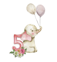 Watercolor hand drawn small baby elephant with dahlia flowers and numbers composition. png