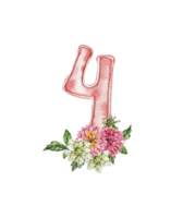 Watercolor hand drawn numbers and flowers composition. png