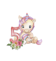 acquerello mano disegnato carino piccolo bambino unicorno con dalia fiori con numero composizione. png