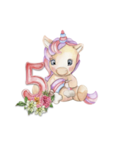 Watercolor hand drawn cute small baby unicorn with dahlia flowers with number composition. png