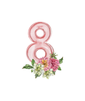 Watercolor hand drawn numbers and flowers composition. png