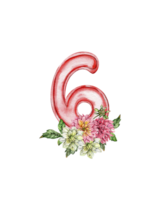 Watercolor hand drawn numbers and flowers composition. png