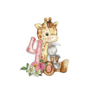 waterverf hand- getrokken klein baby giraffe met dahlia bloemen en getallen samenstelling. png