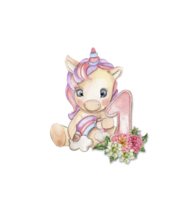 Watercolor hand drawn cute small baby unicorn with dahlia flowers with number composition. png