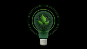 licht lamp tegen natuur Aan groen blad met energie bronnen, creatief denken digitaal technologie, circuits en technologie elementen, hernieuwbaar energie licht lamp met groen energie video