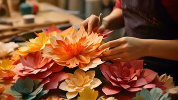 Close-Up of Hands in Red Apron Arranging Colorful Paper Flowers in a Craft Workshop photo