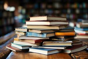 pile of book on the top table in library professional advertising photography AI Generative photo