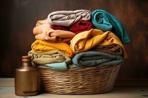 Pile of clean clothes and Wicker basket with clean laundry professional advertising photography AI Generative photo