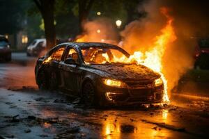 the condition of the car burning on the road professional advertising photography AI Generative photo