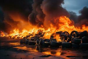 the condition of car tires burning on the road professional advertising photography AI Generative photo