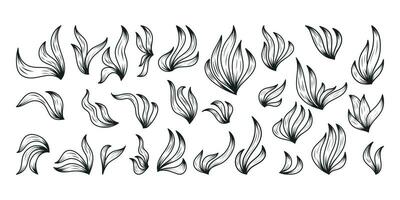 Decorative black and white doodle twigs with leaves. Set of vector isolated botanical branches.