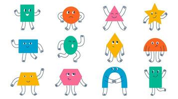 Set isolated different funky colorful basic geometric figures. Doodle flat illustration for kids. Vector collection with face emotions, hands and legs in hand drawn style. Cute funny characters.