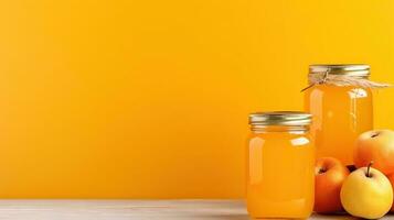 Apple jam in jars on a yellow background. Home canned food. AI Generated photo