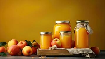 Homemade delicious canned apple compote with juice in glass jar. photo