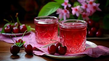 Two glasses of cherry compote and cherries on the wooden table. photo