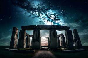 stone henge mock building against the backdrop of night and space. Neural network AI generated photo