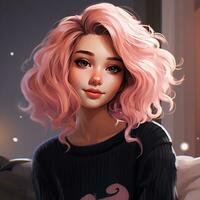 Young girl with pink hair in the style anime Generative AI photo