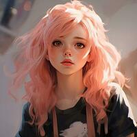 Young girl with pink hair in the style anime Generative AI photo