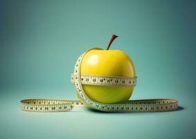 Apple with measuring tape . Weight loss concept. Counting calories and healthy eating concept. Diet. Generative AI photo