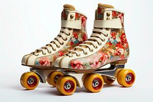 Pair of roller skates illustration on white background. Retro roller skates 90s and 80s disco roller skating Generative AI photo