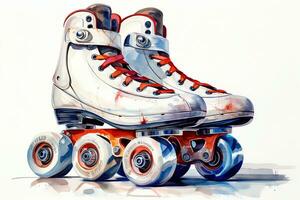 Pair of roller skates illustration on white background. Retro roller skates 90s and 80s disco roller skating Generative AI photo