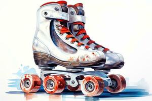 Pair of roller skates illustration on white background. Retro roller skates 90s and 80s disco roller skating Generative AI photo