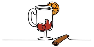 One continuous line drawing of mulled wine with cinnamon. Winter warming drink mulled wine in simple linear style. Editable stroke. Doodle outline vector illustration