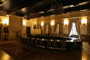 TERNOPIL, UKRAINE - AUGUST 23, 2023 Interior of one of the rooms of the Zbarazh Castle, fortified defense stronghold in Zbarazh town photo